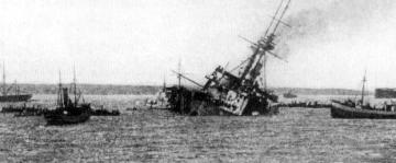 The last moments of British battleship HMS Majestic, torpedoed by the U-21 off Cape Helles, Dardanelles, on 27 May 1915